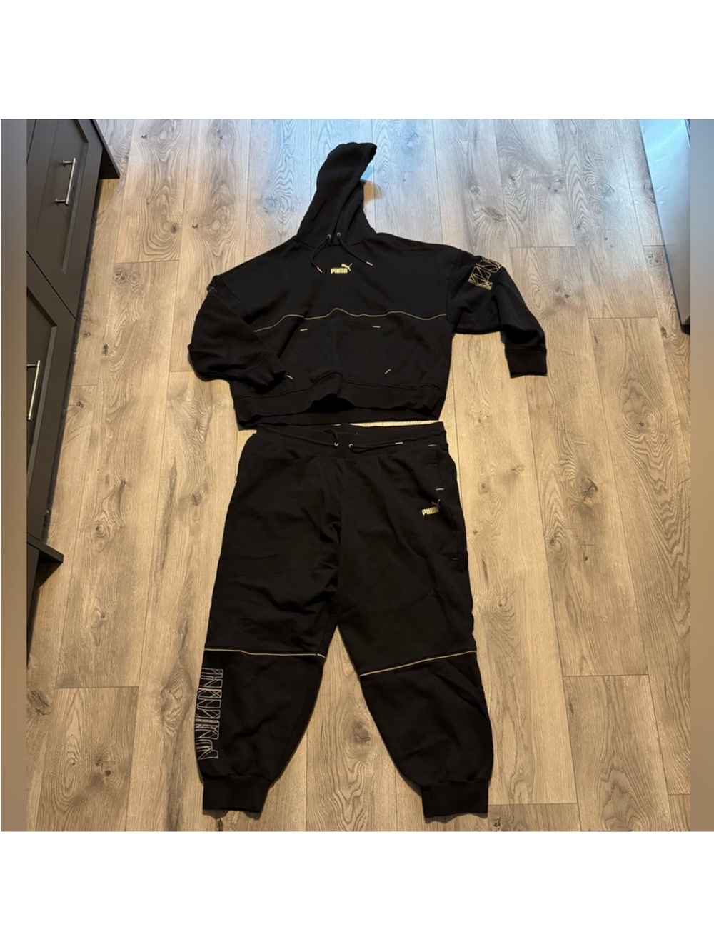 Puma Black Hoodie & Joggers Set with Gold Piping Sz XXL